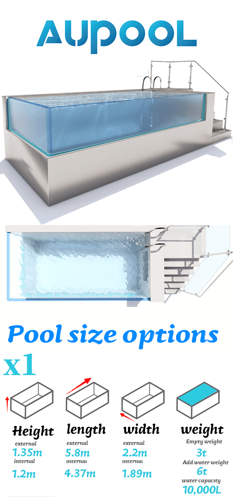 100% Virgin PMMA Imported Acrylic Endless Pool Shipping Container School Clear Sides