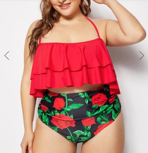 Big Size Wrap Halter Top With Floral print Bikini Set Swimwear Women size 3XL