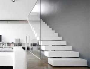 China Residential Floating Wood Stairs Stable Treads With Tempered Glass Balustrade wholesale