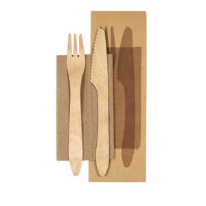 China 190Mm Disposable Biodegradable Wooden Knife Fork Napkin Cutlery Set Kraft Paper Wrapped For Hotel wholesale