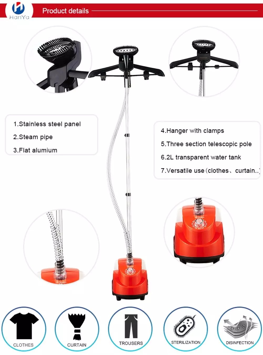 Fabric Handheld Flexible Industrial Garment Steamer Adjusting Pole With Brush