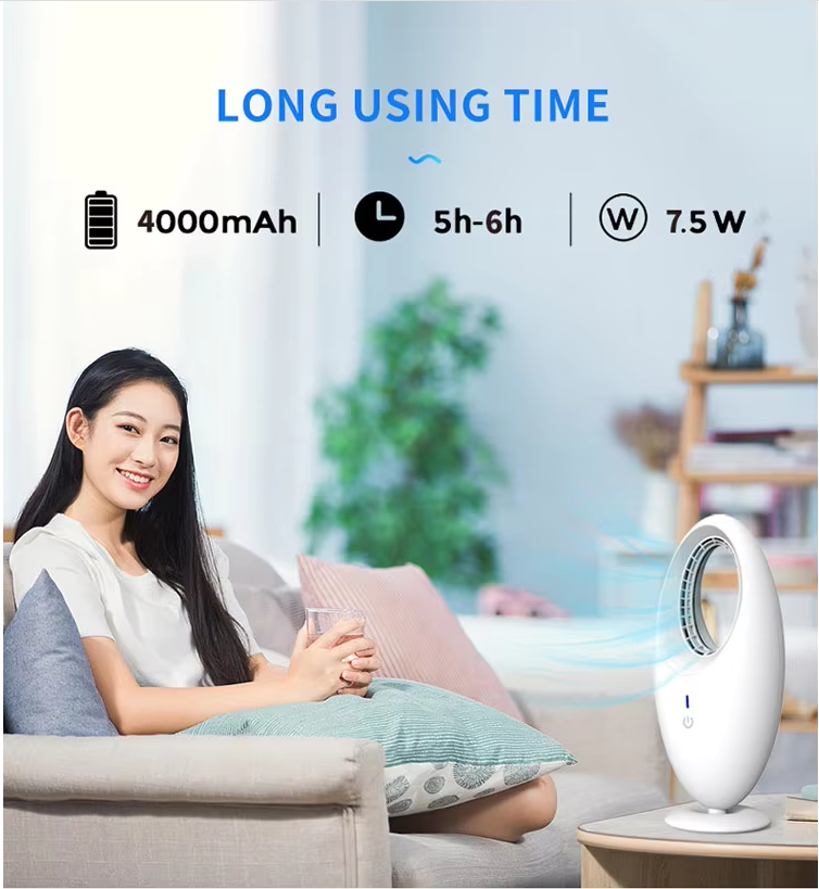 Portable Electric Desk Fan Rechargeable Mini USB Bladeless Table Fan ABS PC Tower Fan