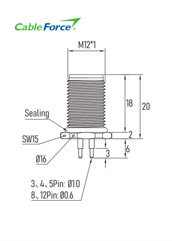 Chassis Side Thread Front Mount PCB Contacts M12 A Code Connector Male Panel Sensor