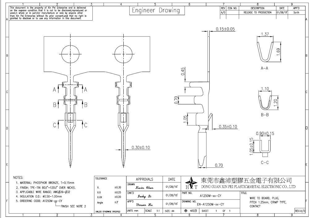 1.25mm pitch 51021 Connector Crimp Terminal, Phosphor Bronze Terminal, Tin-plated terminals