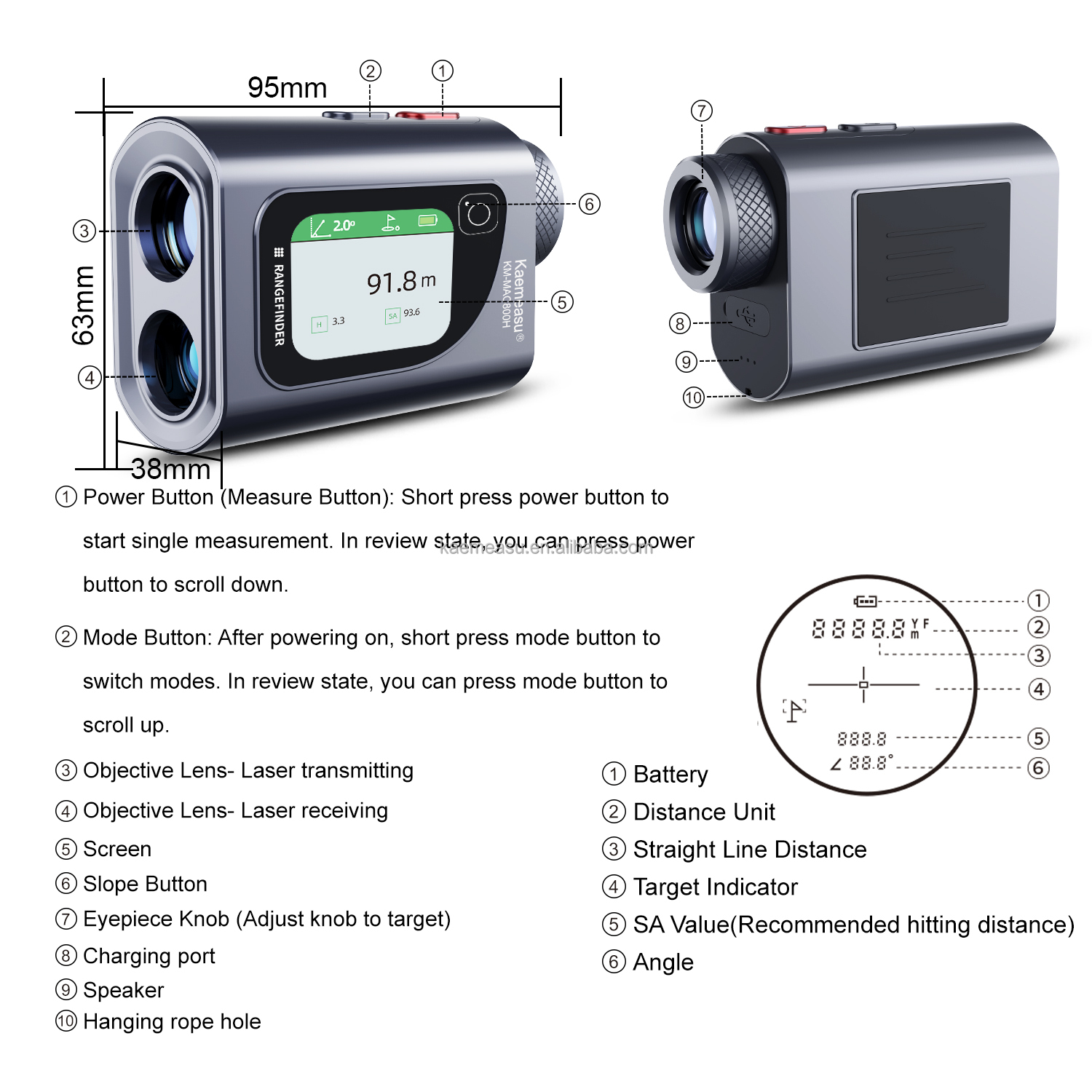 Lightweight and Durable 600m Gray Golf Rangefinder for Outdoor Sports 223g 95*63*38mm