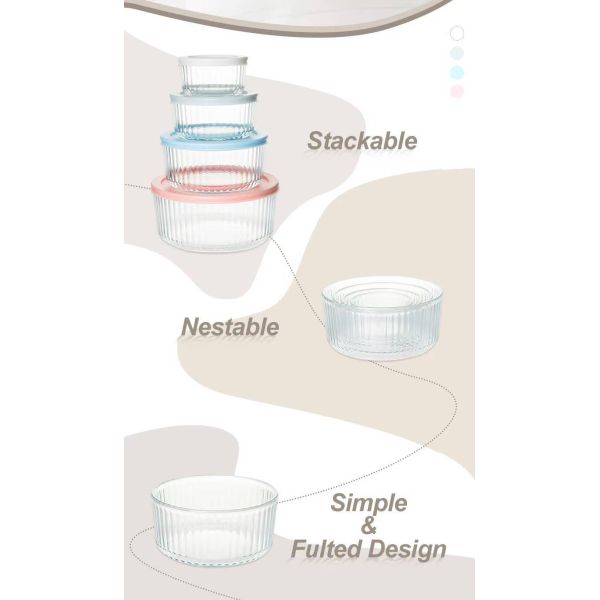 IKOO 236ml 472ml 944ml Ribbed Round Glass Food Container with PE Lid Microwave Oven Freezer Safe