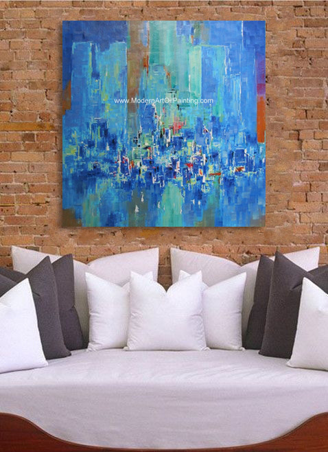 Abstract Cityscape Painting On Canvas , Framed Oil Paintings For Modern House Decorative