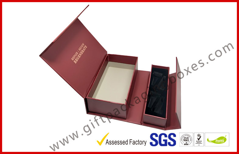 Creative red color magnet gift packaging box with gold foil , EVA foam with black velet