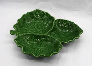 China Green Ceramic Cabbage Leaf Plates 3 Part Dolomite Dinner Serving Platter wholesale