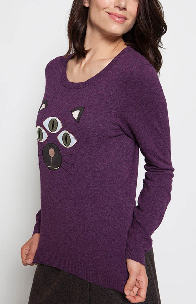 Applique Embroidery Purple Knit Pullover Sweater Cute 12gg Gauge For Winter