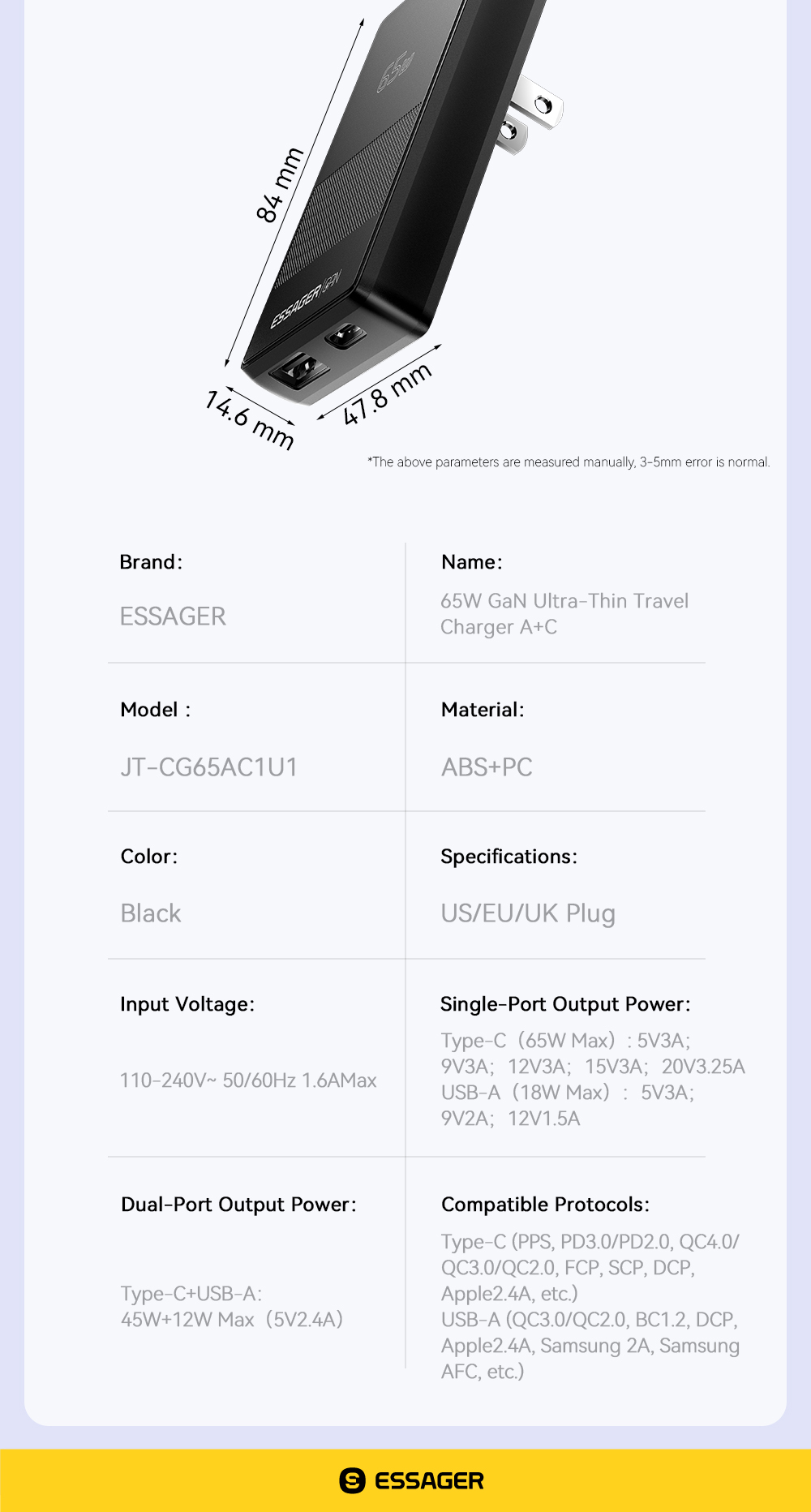 ESSAGER JT-CG65AC1U1 Series Ultra Thin 65W Max Portable USB A Type C Charger