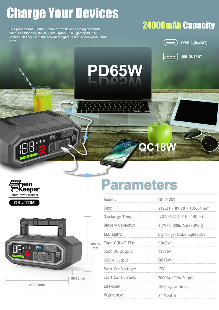 4000A Peak Current 24000mAh High Power Jump Starter with LED Light Green Keeper 2024