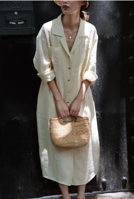 Green Tencel Linen Fabric Woven Shirt Dress With Pin Tucks Customized