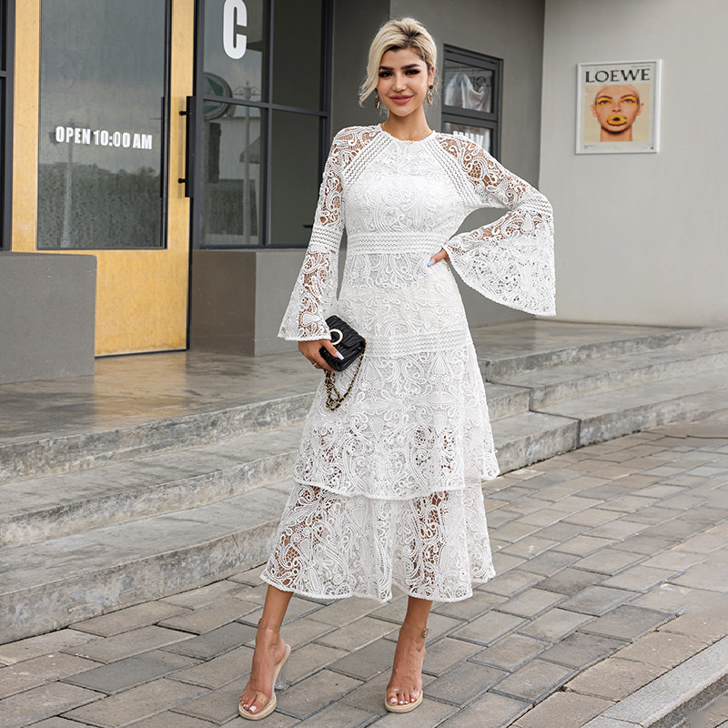 High Neck Ladies Lace Dresses Balloon Long Sleeve Lace Up Dress With Elastic Cuffs