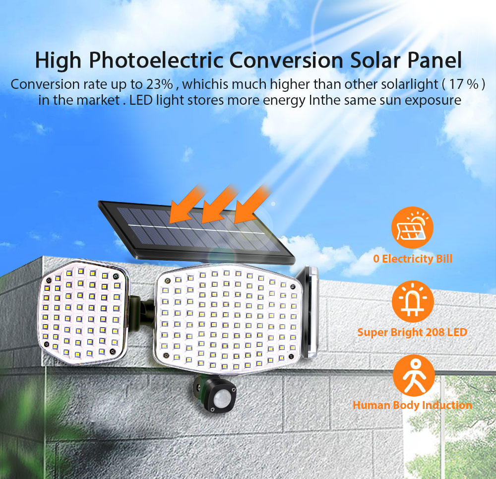 208LED 2500LM Solar Motion Sensor Wall Light 6500K ABS 7W