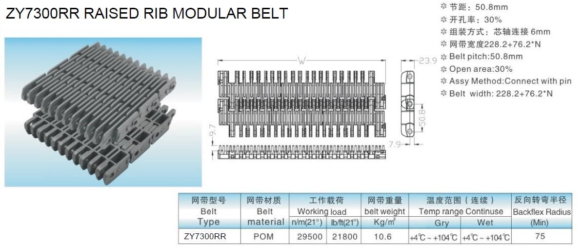 Low Maintenance Raised Rib Modular Belts with Low Noise Level