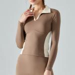Color Contrast Long Sleeve Polo Shirts Ladies Equestrian Top High Density