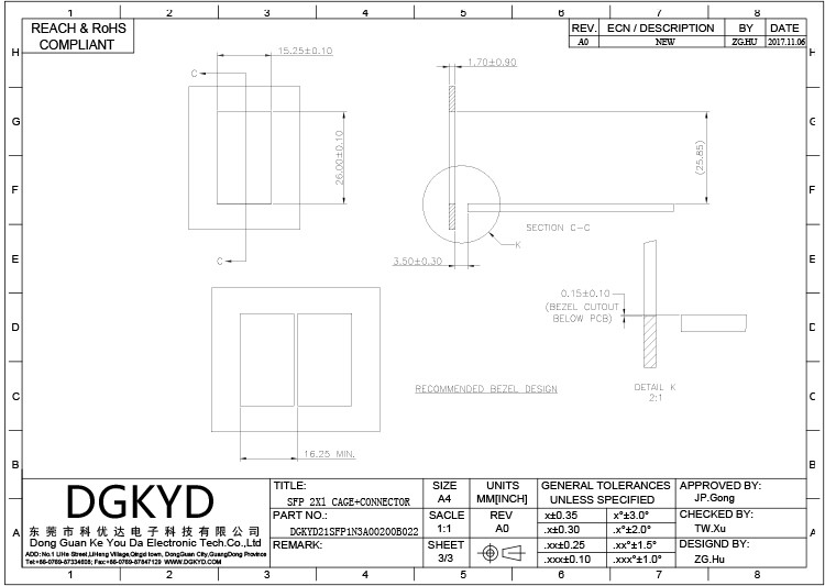 DGKYD21SFP1N3A00200B022 2*1 Cage Thickness 0.25mm RJ45 SFP Connector 15U Phosphor Bronze