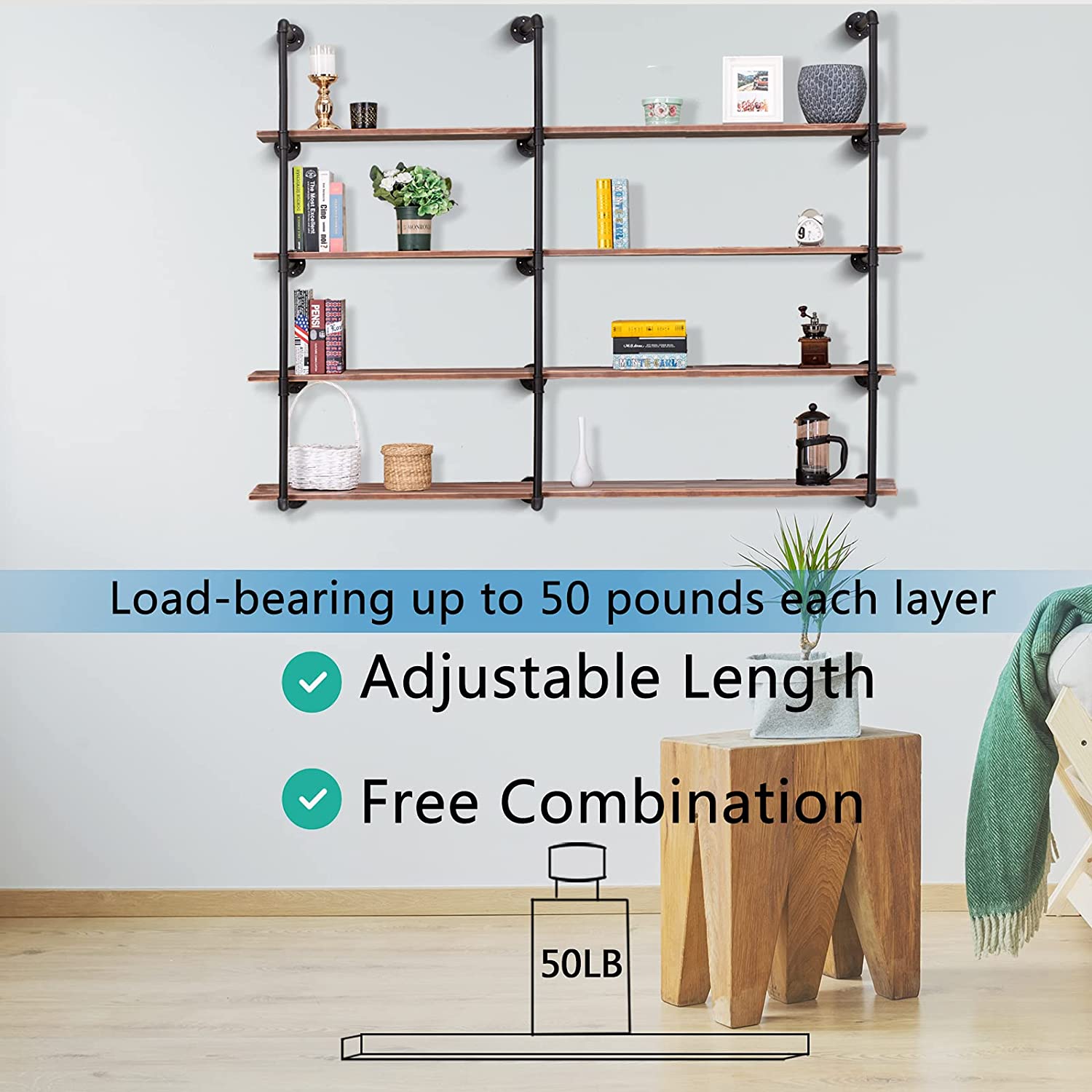 Rustic Industrial 5-Tier Pipe Shelf Brackets for Wall Mounting DIY Open Bookshelf Rack