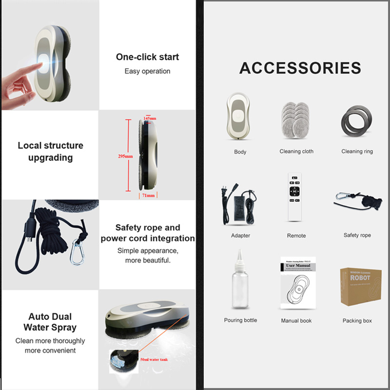 65dB Huidi RN2-01 EU and US Plug Types Smart Automatic Cordless Robot Vacuum Cleaner Window Washer Robot 24V