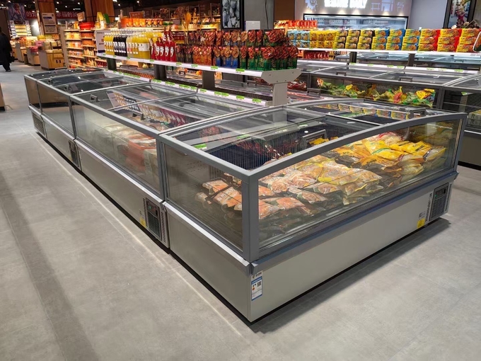 Supermarket Island Freezer Panoramic Glass Freezer Auto-Defrost Island Freezer With LED Lighting