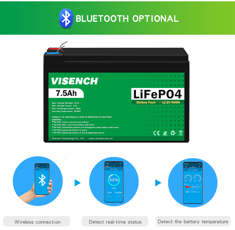 Visench Deep Cycles 12V 7.5Ah Lifepo4 Rechargeable Lithium Iron Phosphate Battery Pack