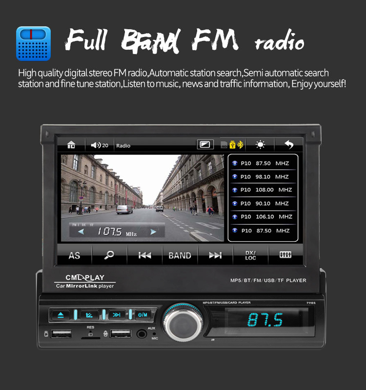 1 Din Universal Car Player Retractable Touch Screen RDS AUX GPS