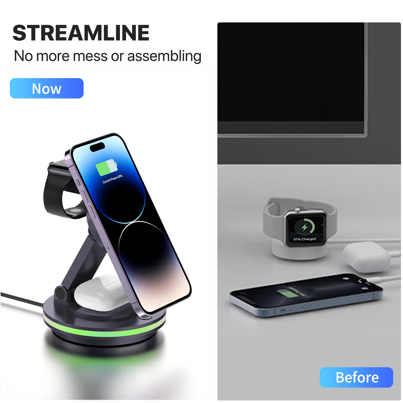 ABS Acrylic Material Foldable Wireless Charger with LED Light and TYPE-C Input