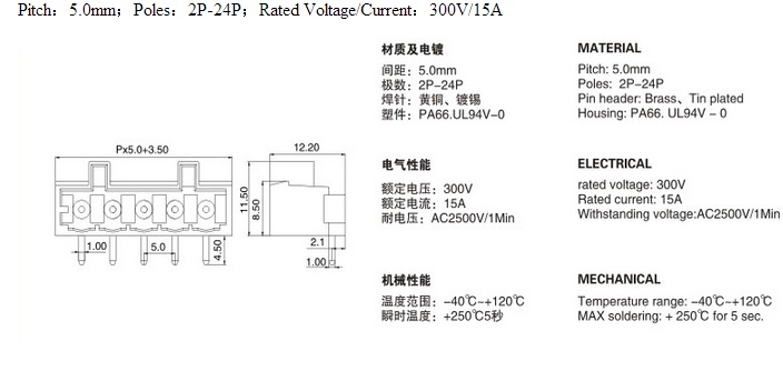RD M500R 5.0 pitch 300V 15A 2P-24P terminal block pluggable connector orange color