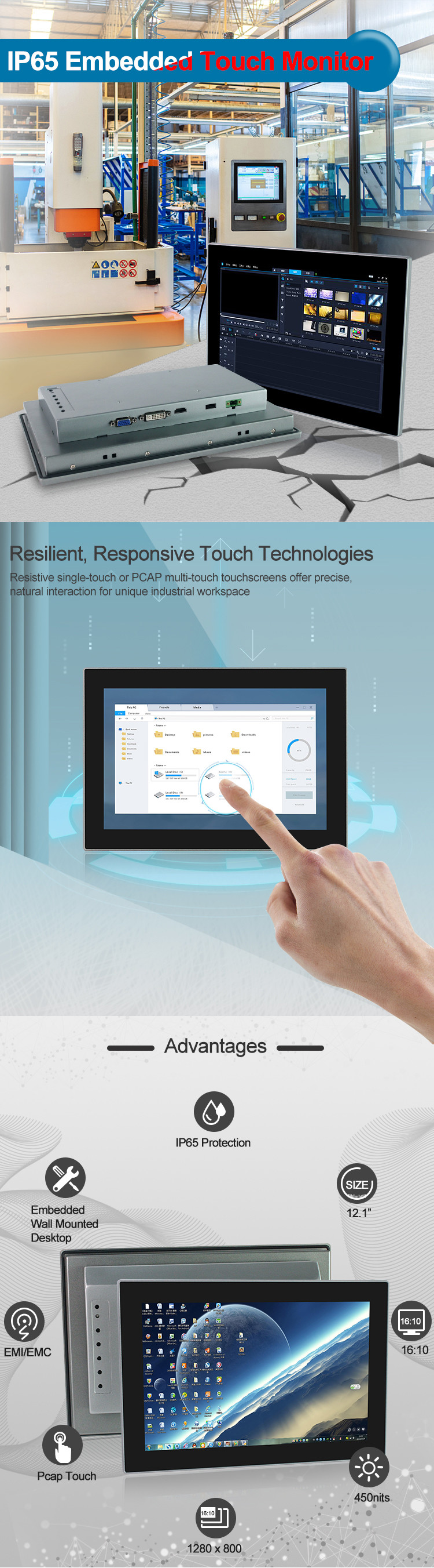 Capacitive 1280x800 Industrial Touch Screen Display Monitor 12 Inch Size