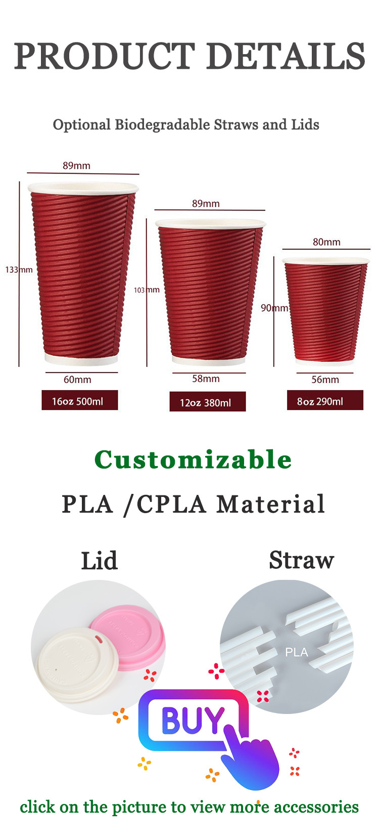 Red Ripple Disposable Paper Cup for Hot Coffee Double Wall with Custom Logo Red Corrugated paper cup