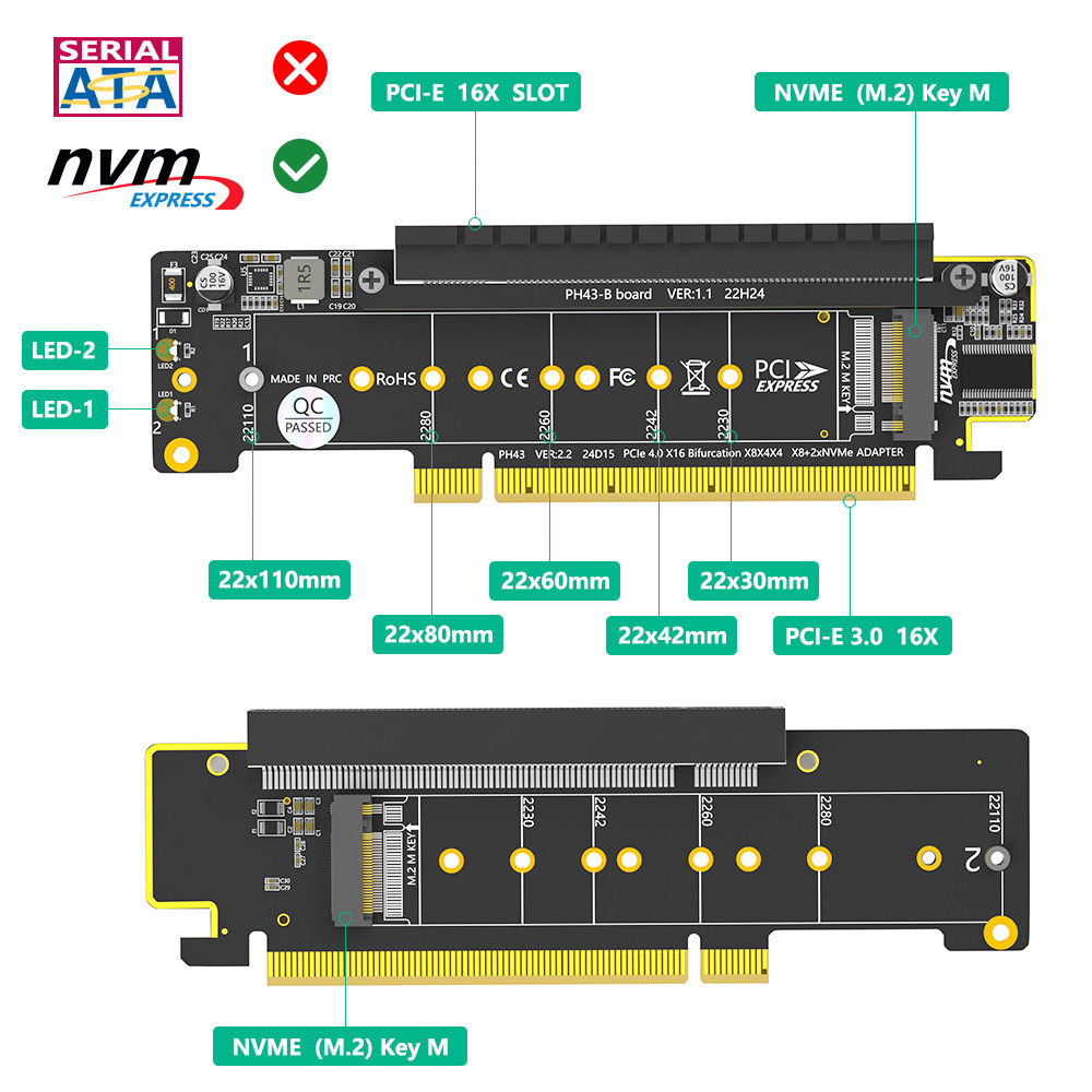 Dual NVMe PCIe Adapter PCIe 4.0 X16 to Dual NVMe and 1x More PCIe x16 Adapter for M.2 NVMe SSD