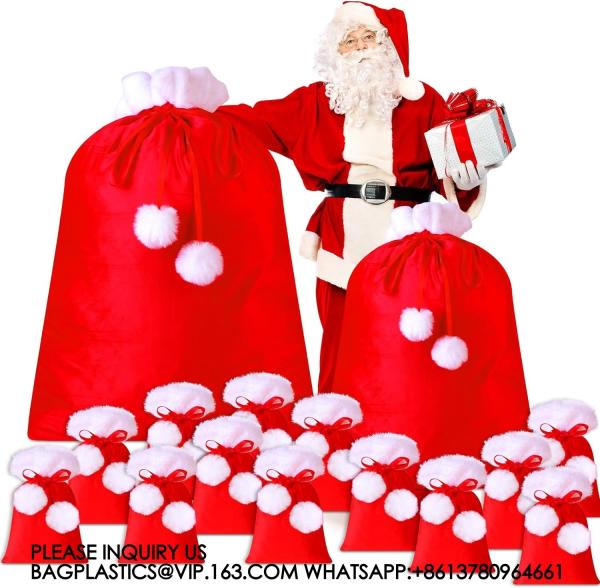 Santa Velvet Gift Bags Bulk Gift Bags Poms Christmas Gift Sack Xmas Velvet