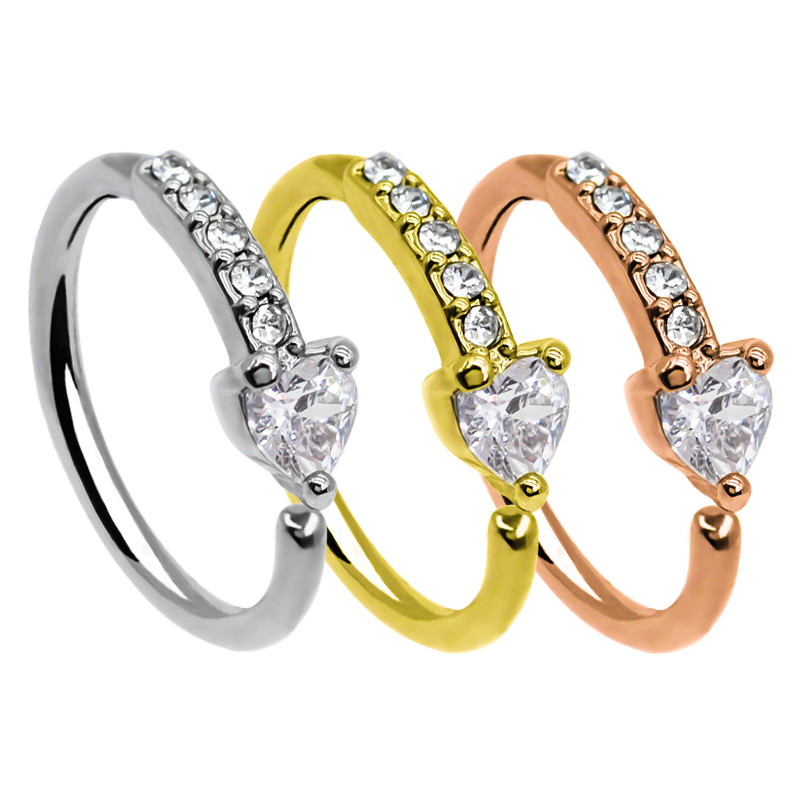 Heart Zircon Stones Nose Piercing Jewellery Gold Septum Clicker Hypoallergenic
