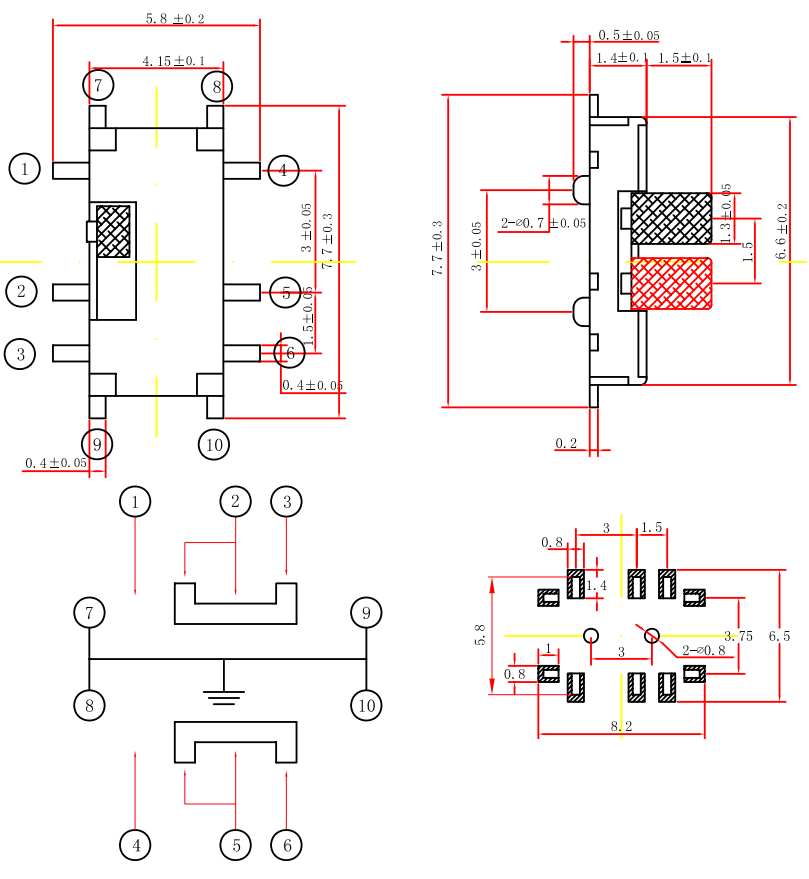 2 Position 10 Pin SMD 1P2T Vertical Slide Switch
