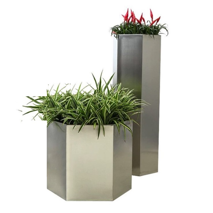 Public decorative octagonal shiny flower pot steel planter