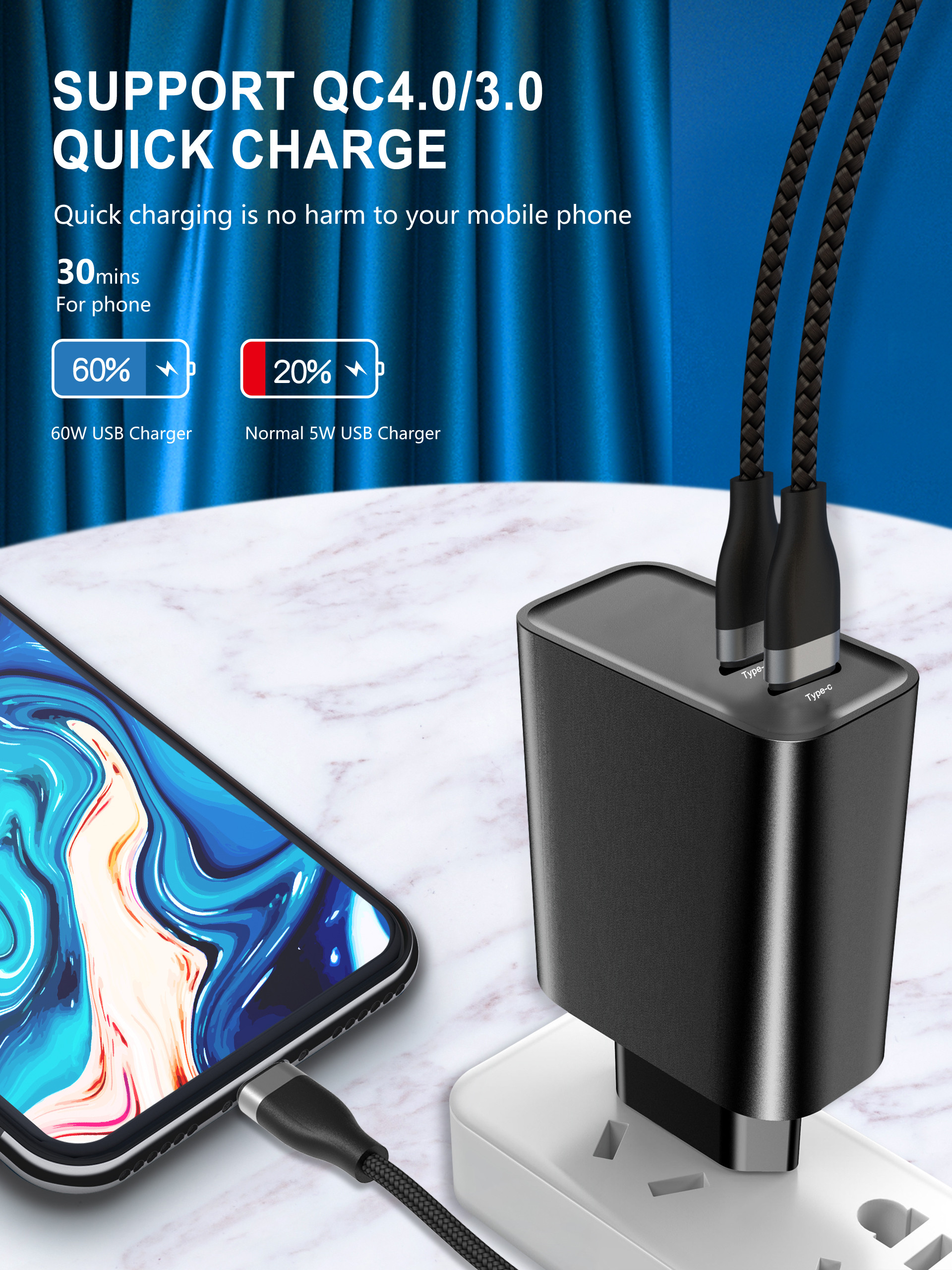 Car 0.5M Nylon Braided Charging Cable , 3A Short Kevlar Usb C Cable