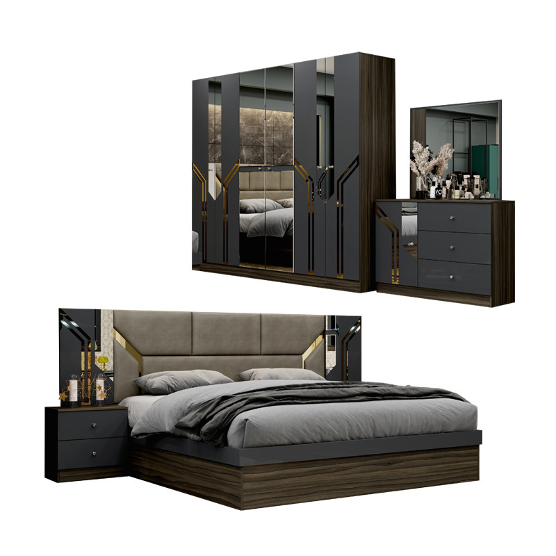 Wholesale Cheap Luxury Wood Frame Double King Size Bed Set Modern Home Turkish Wooden MDF Full Bedroom Sets Furniture