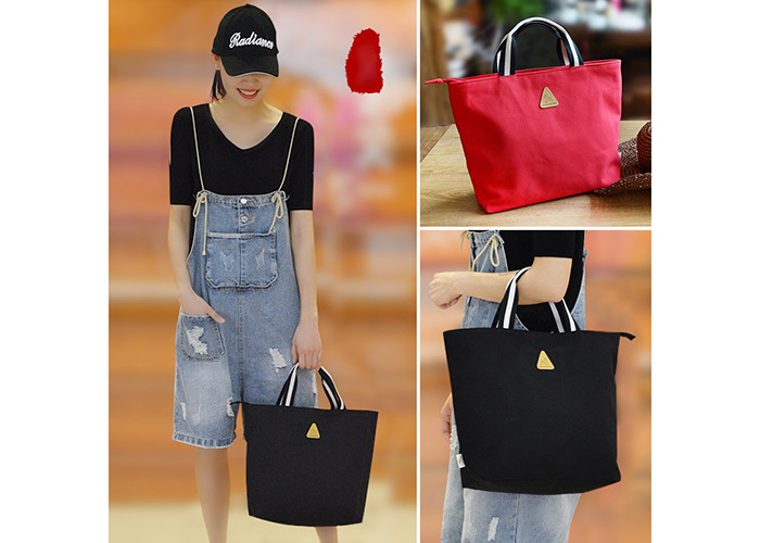 Solid Color Ladies Canvas Bags , Womens Canvas Handbags With Stripe Handle