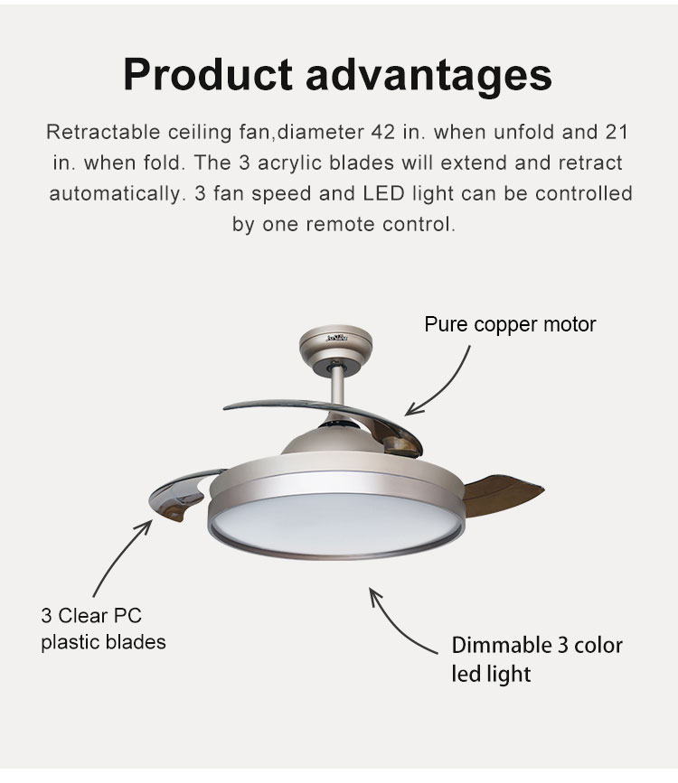 Simple 42 inch 220v Ceiling Fan with Remote Control Support Dimmer Yes 3 Color LED Light