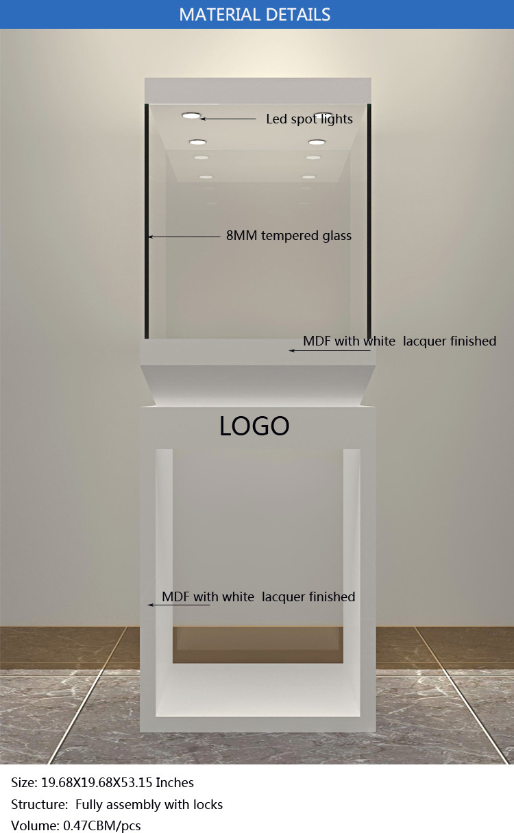 Wholesale good quality wooden square matte white perspex display stands with fully locks lights