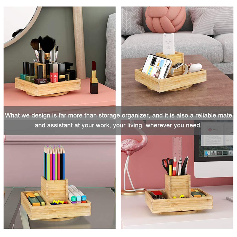 Bamboo Multifunctional Rotating Pen Holder for Desk Art Supply Organizer 18x18x11.5cm