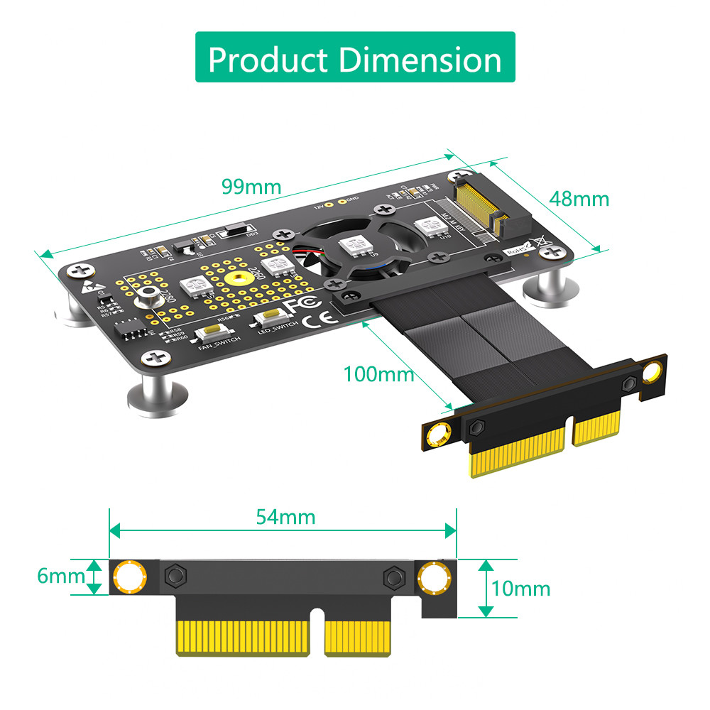 PCI Express PCI-E 3.0 4X to NGFF M.2 2280 M2 NVME SSD Converter Adapter Card Cooling Fan + High Speed Extension Cable 100MM