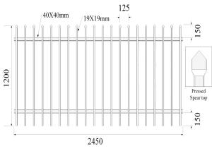 China Press Spear Top 19mmx19mm 2 Rails x 40mm H1200mmxW2450mm Hercules Fencing wholesale