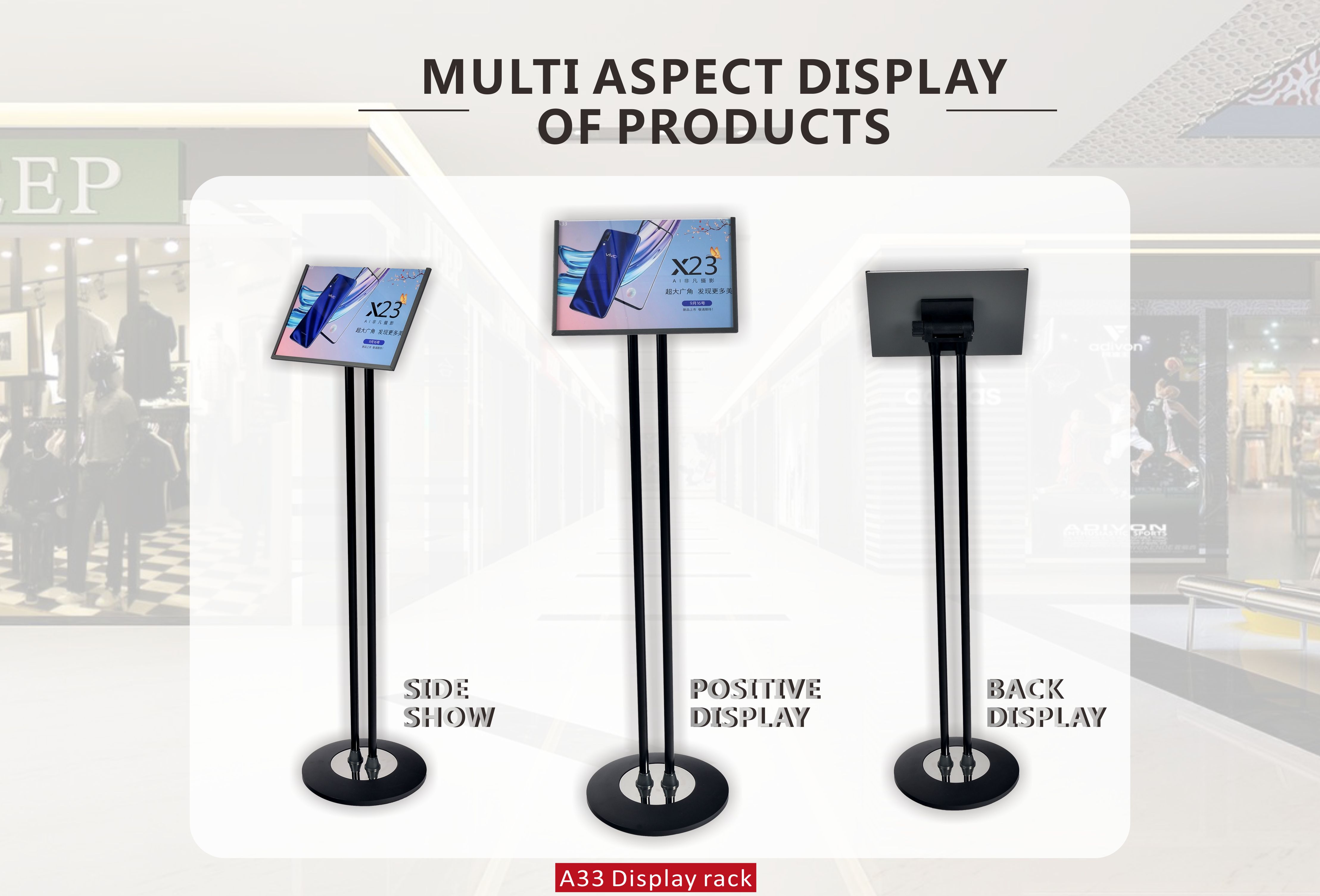 Base 280mm Poster Display Stand Double Pole Frame Angle Adjustable