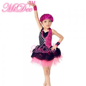 China Black Polka Dots Hot Pink Sequin Glitter Dress Dance Costumes For Kids on sale