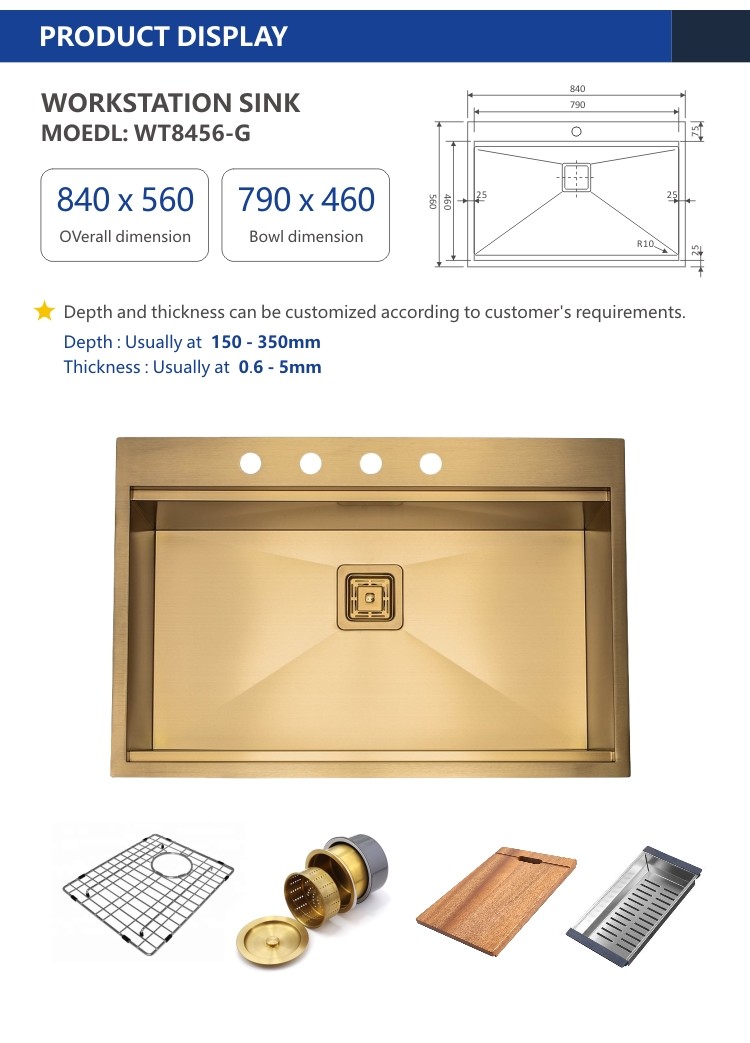 33 Inch Workstation Sink , 84x56 Stainless Steel Topmount Sink Glod Drop In