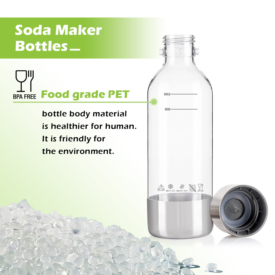 Refillable Clear Soda Maker Bottle With Stainless Steel Cap And Base
