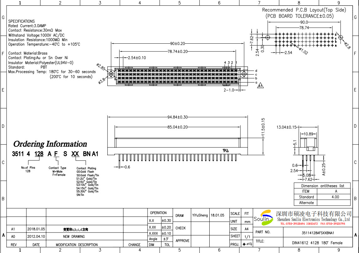 2.54mm Pitch Din 41612 Connector Five Row Right Angle PBT Plastic