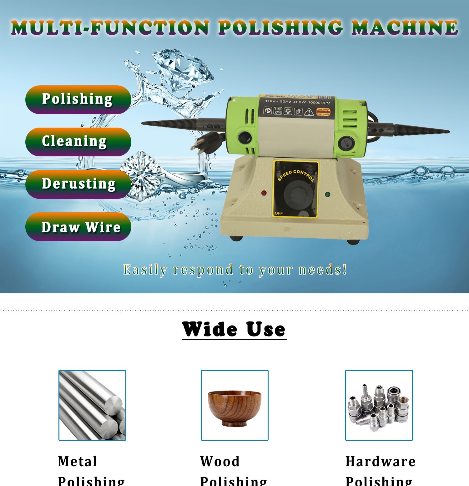 TOKTOS 7200rpm Table Top Grinder Polisher 480W Bench Lathe Polisher